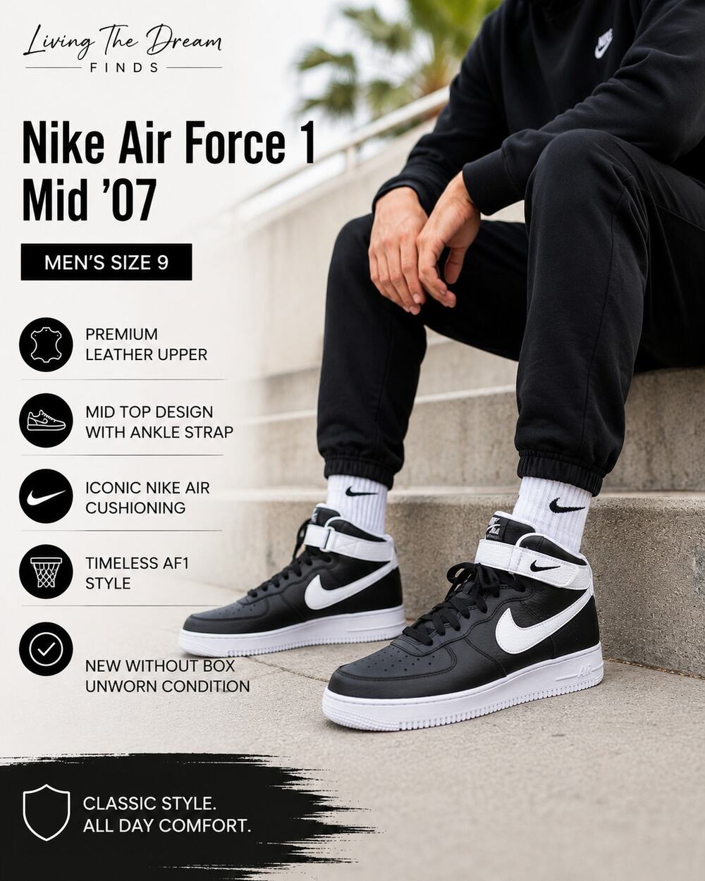 Nike Air Force 1 Mid ’07 Men’s Size 9 Black White Leather CT2303 002 New No Box